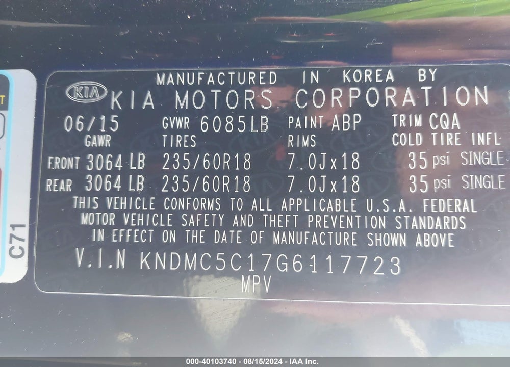 2016 KIA SEDONA EX VIN: KNDMC5C17G6117723