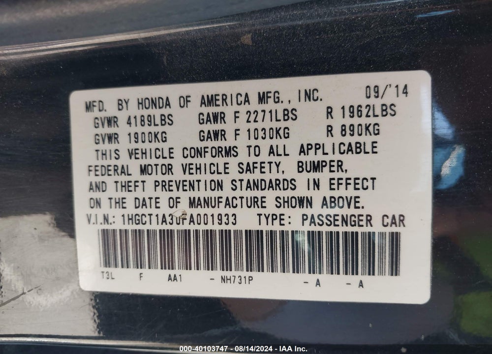 2015 HONDA ACCORD LX-S VIN: 1HGCT1A30FA001933