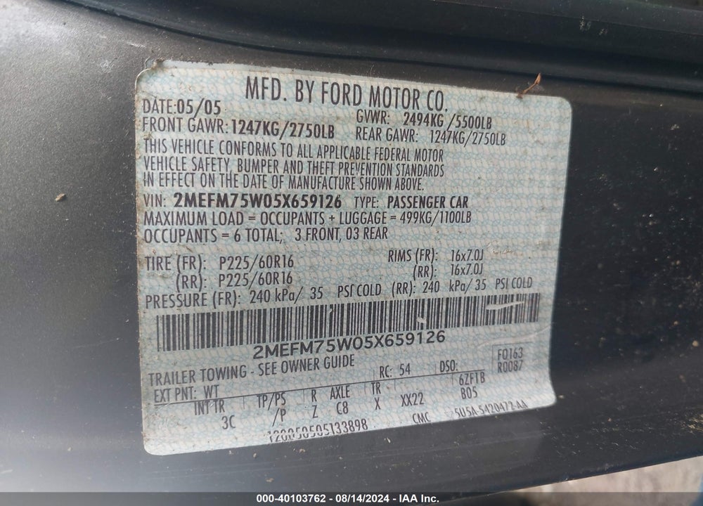 2005 MERCURY GRAND MARQUIS LS/LSE VIN: 2MEFM75W05X659126