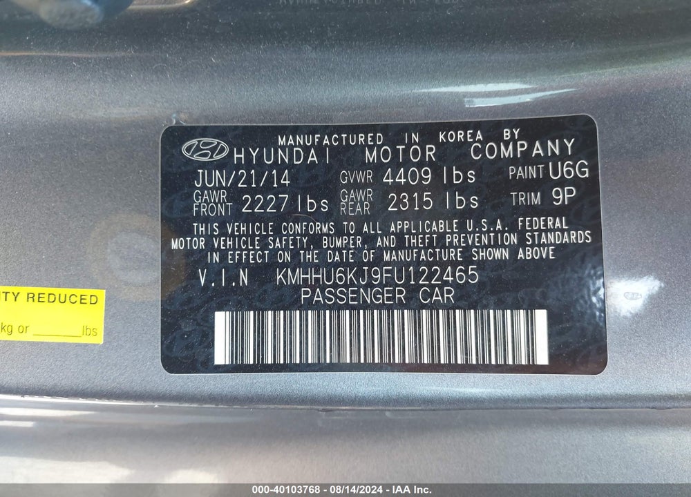 2015 HYUNDAI GENESIS 3.8 BASE VIN: KMHHU6KJ9FU122465