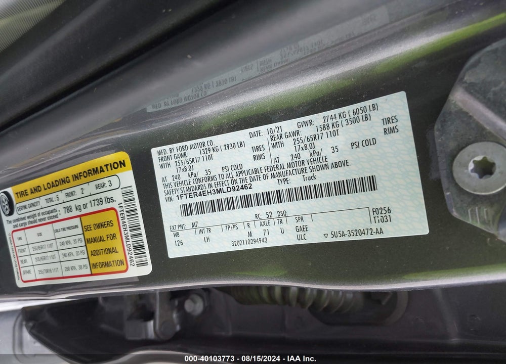 2021 FORD RANGER XLT VIN: 1FTER4EH3MLD92462
