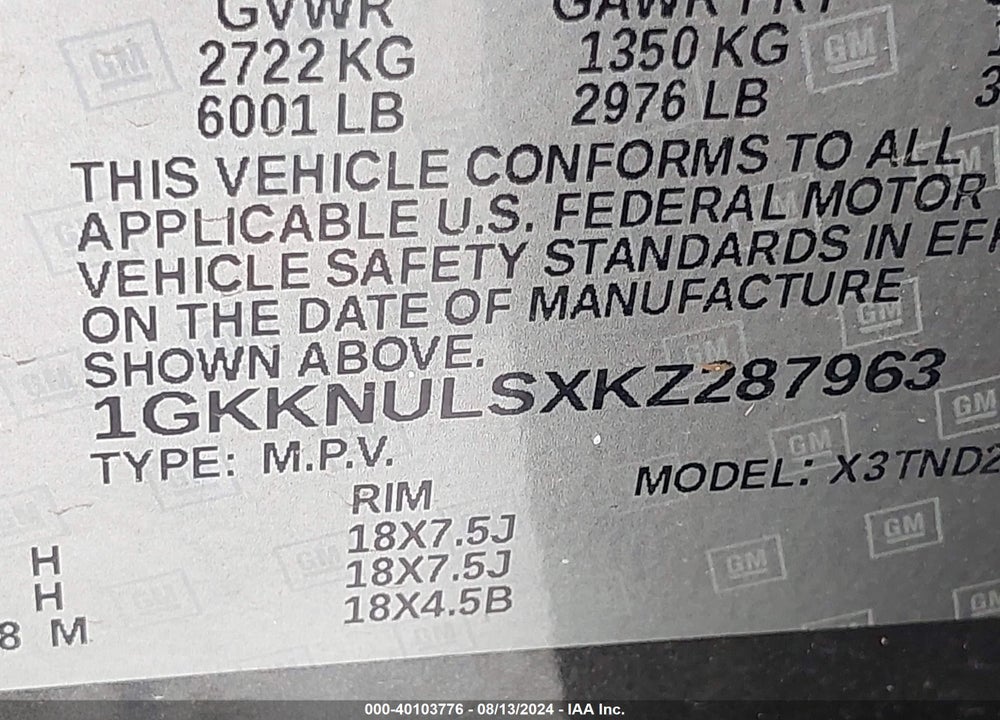 2019 GMC ACADIA SLT-1 VIN: 1GKKNULSXKZ287963