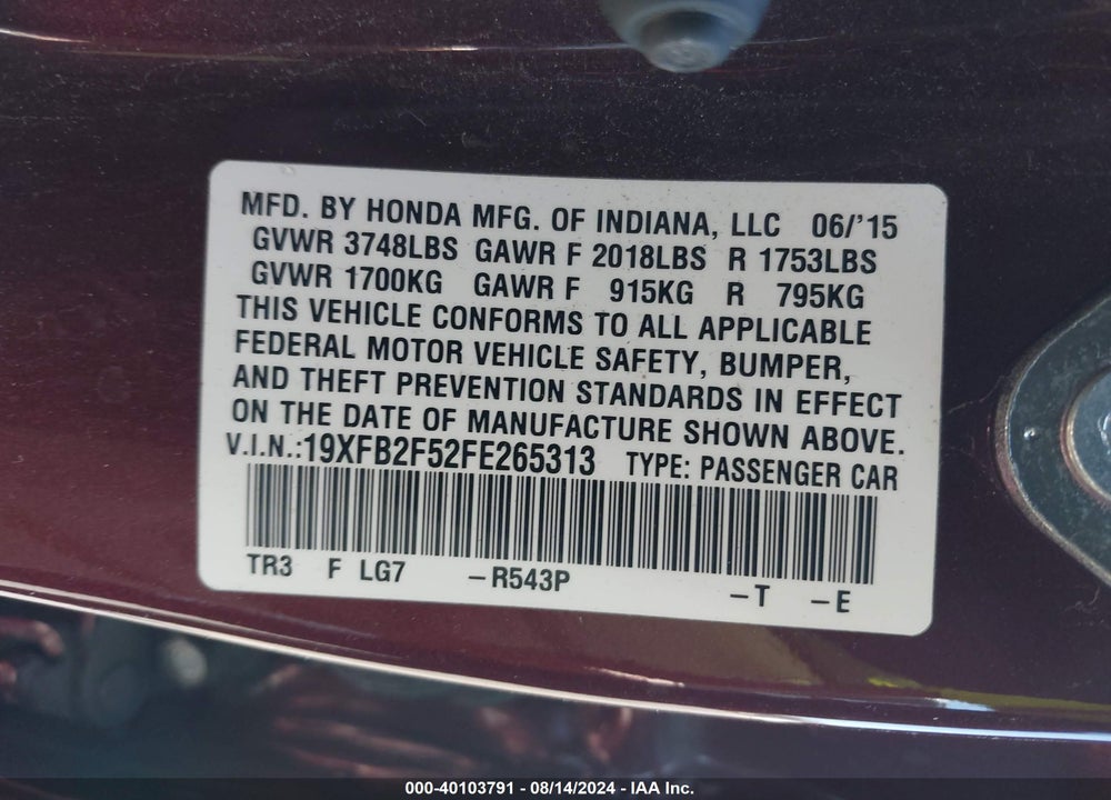 2015 HONDA CIVIC LX VIN: 19XFB2F52FE265313