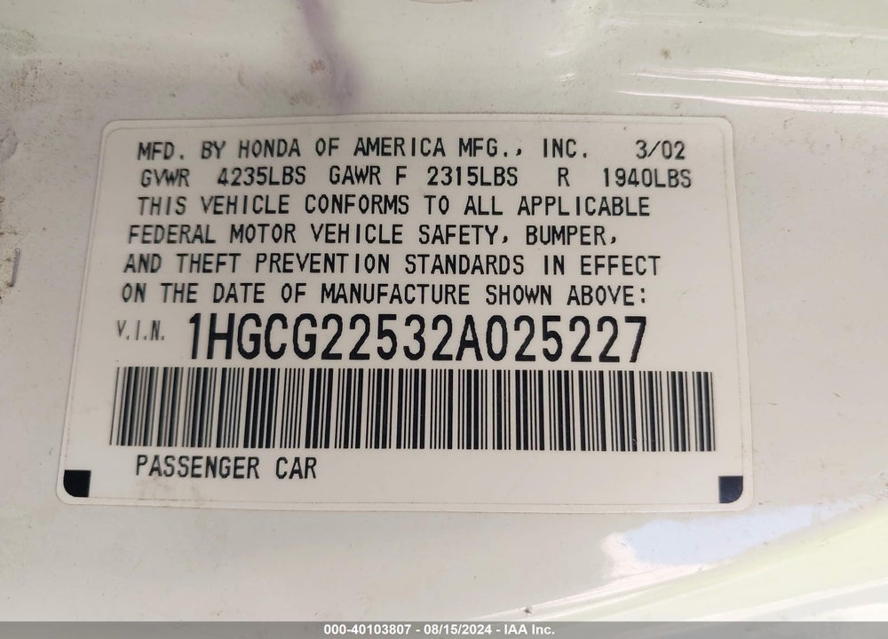 2002 HONDA ACCORD 3.0 EX VIN: 1HGCG22532A025227