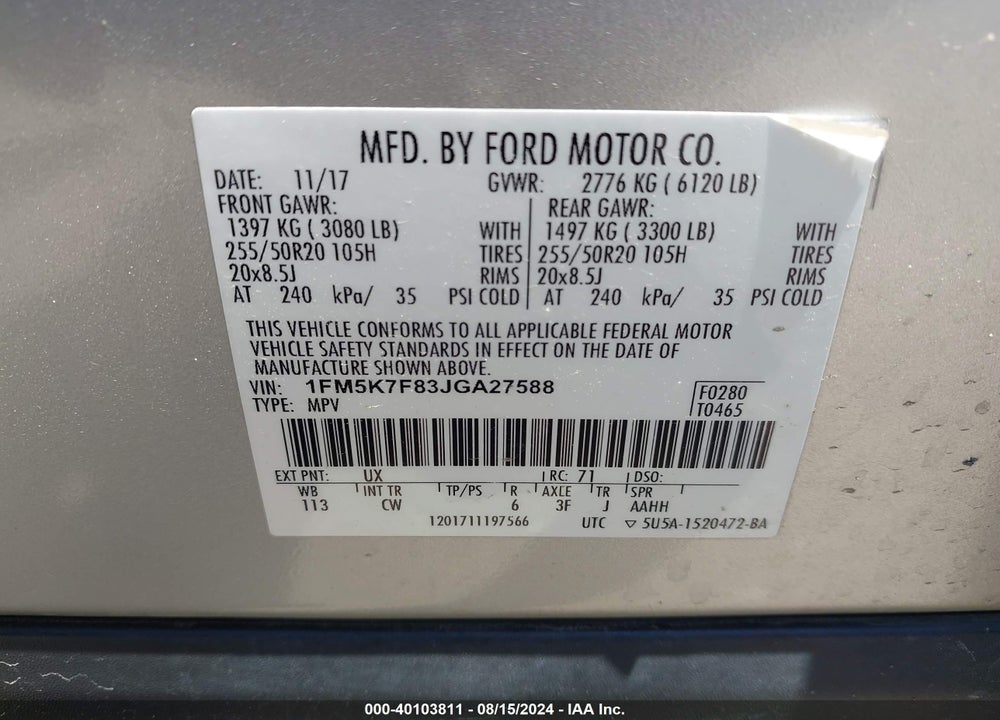 2018 FORD EXPLORER LIMITED VIN: 1FM5K7F83JGA27588