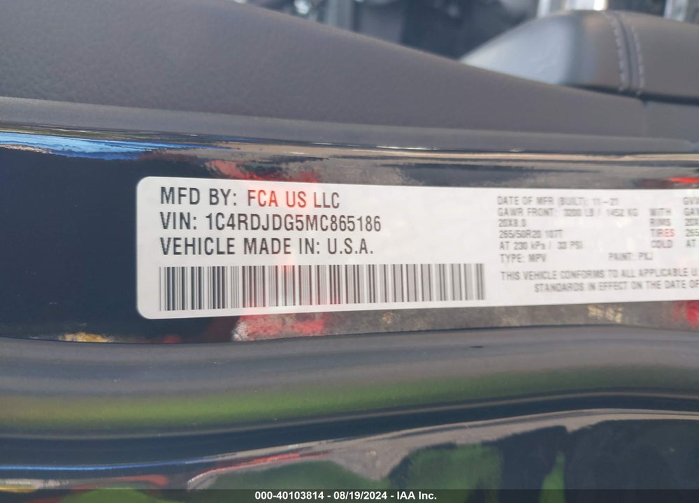 2021 DODGE DURANGO GT PLUS AWD VIN: 1C4RDJDG5MC865186