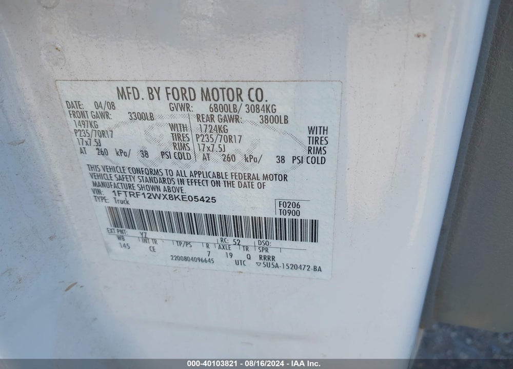 2008 FORD F-150 FX2/STX/XL/XLT VIN: 1FTRF12WX8KE05425