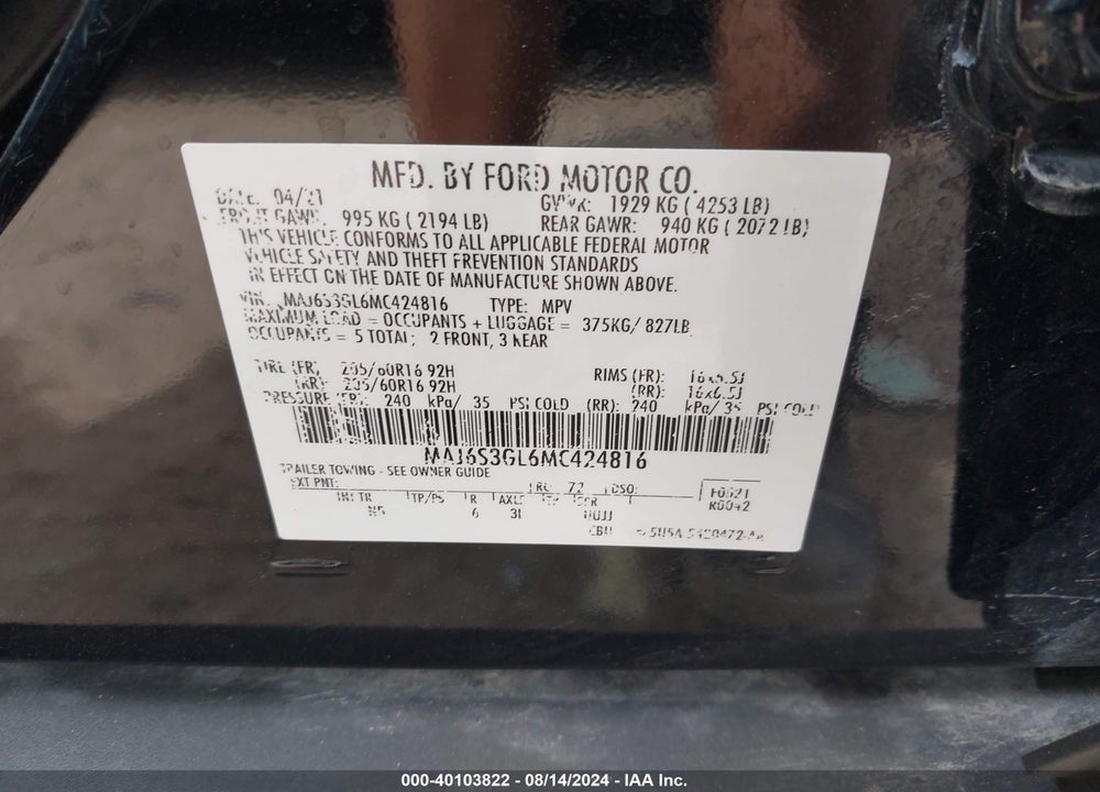 2021 FORD ECOSPORT SE VIN: MAJ6S3GL6MC424816