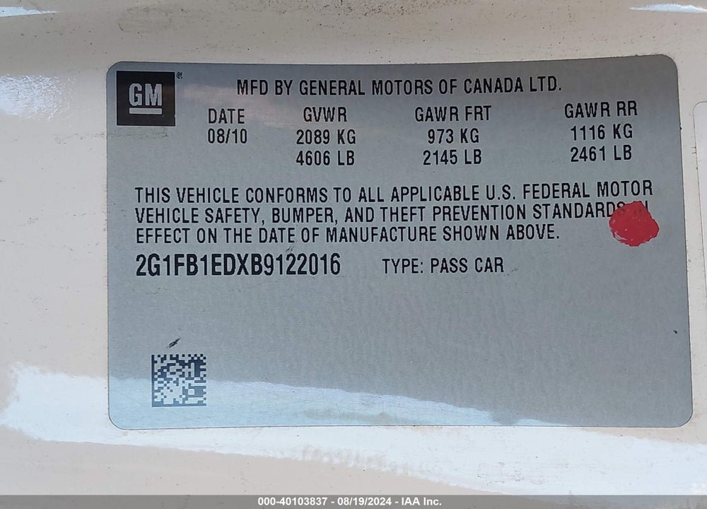 2011 CHEVROLET CAMARO 1LT VIN: 2G1FB1EDXB9122016