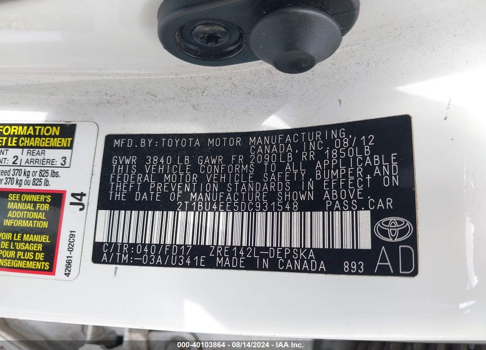 2013 TOYOTA COROLLA S VIN: 2T1BU4EE5DC931548