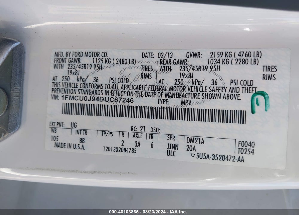 2013 FORD ESCAPE TITANIUM VIN: 1FMCU0J94DUC67246