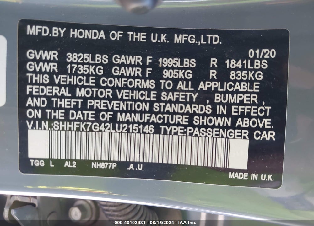 2020 HONDA CIVIC SPORT VIN: SHHFK7G42LU215146