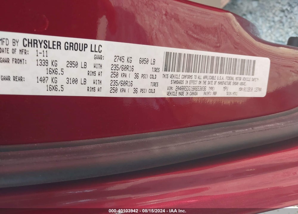 2011 CHRYSLER TOWN & COUNTRY TOURING VIN: 2A4RR5DG1BR653036