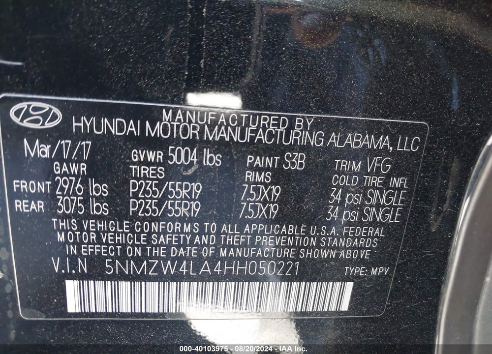 2017 HYUNDAI SANTA FE SPORT 2.0T ULTIMATE VIN: 5NMZW4LA4HH050221