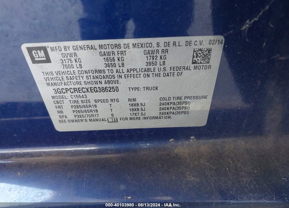 2014 CHEVROLET SILVERADO 1500 VIN: 3GCPCRECXEG386250