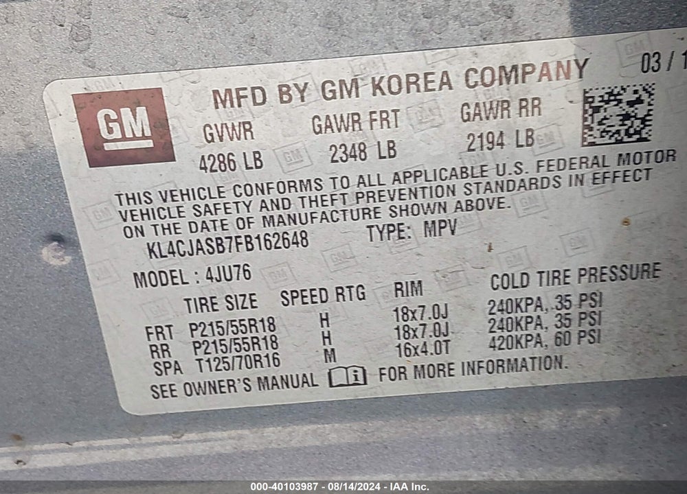 2015 BUICK ENCORE VIN: KL4CJASB7FB162648
