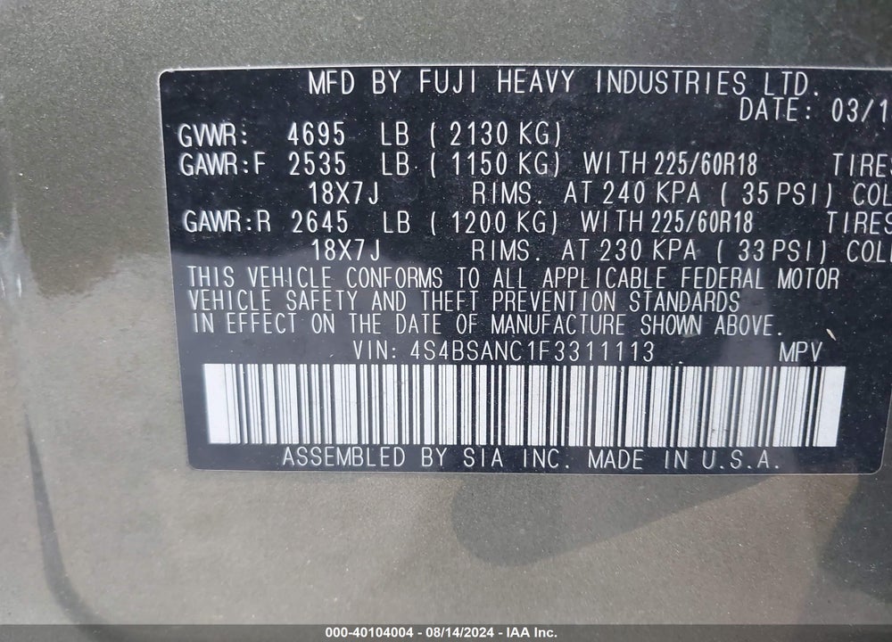 2015 SUBARU OUTBACK 2.5I LIMITED VIN: 4S4BSANC1F3311113
