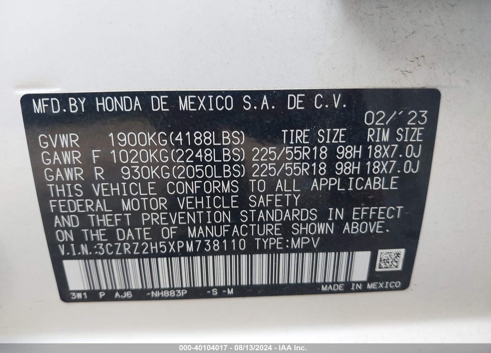 2023 HONDA HR-V AWD SPORT VIN: 3CZRZ2H5XPM738110