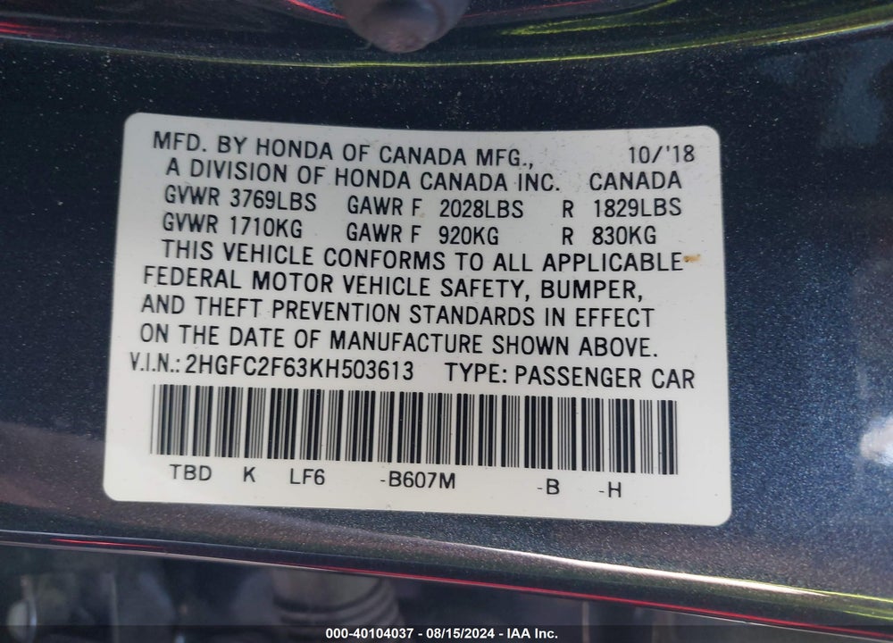 2019 HONDA CIVIC LX VIN: 2HGFC2F63KH503613