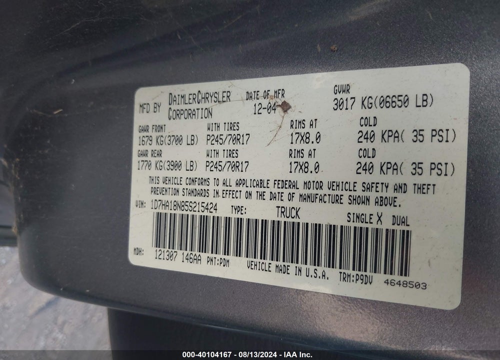 2005 DODGE RAM 1500 ST VIN: 1D7HA18N85S215424