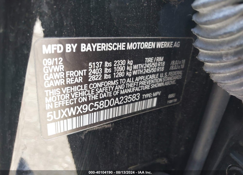 2013 BMW X3 XDRIVE28I VIN: 5UXWX9C58D0A23583