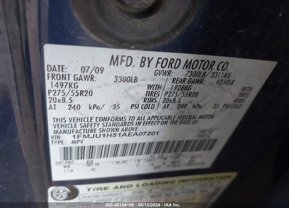 2010 FORD EXPEDITION EDDIE BAUER VIN: 1FMJU1H51AEA07201