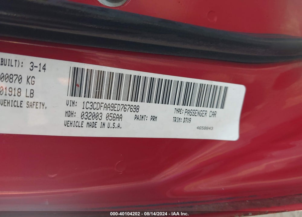 2014 DODGE DART SE VIN: 1C3CDFAA9ED767698
