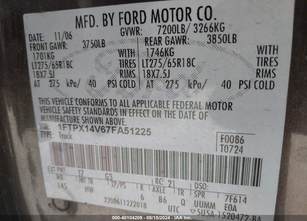 2007 FORD F-150 FX4/LARIAT/XL/XLT VIN: 1FTPX14V67FA51225