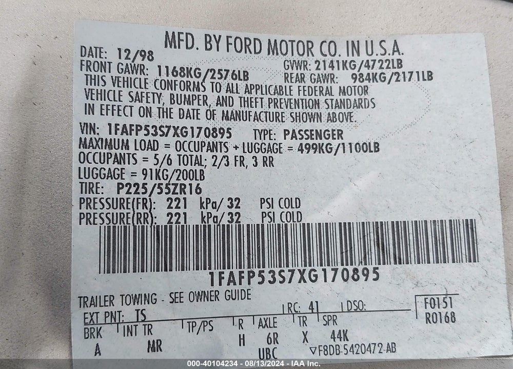 1999 FORD TAURUS SE/SE-NE VIN: 1FAFP53S7XG170895