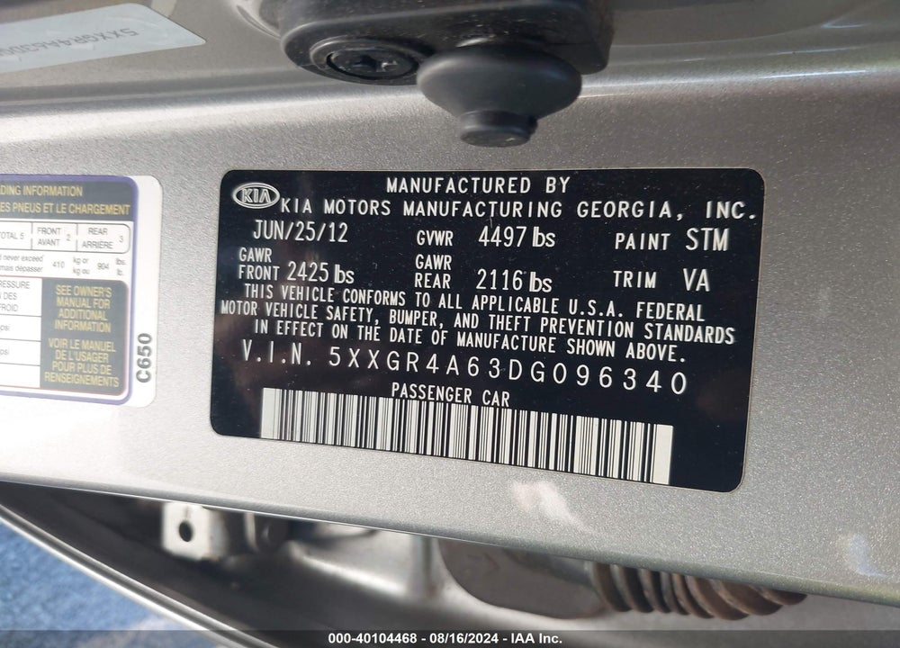 2013 KIA OPTIMA SX VIN: 5XXGR4A63DG096340