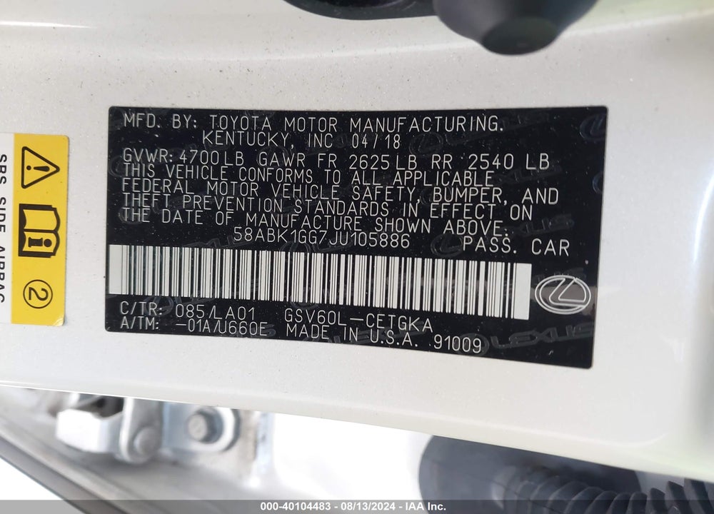 2018 LEXUS ES 350 VIN: 58ABK1GG7JU105886