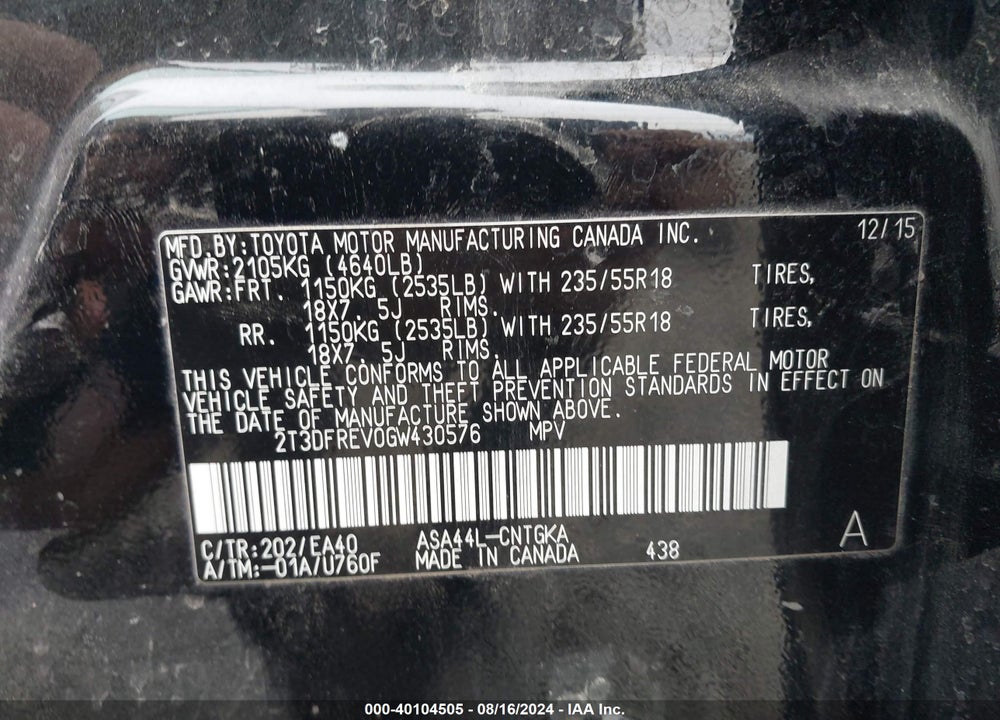 2016 TOYOTA RAV4 LIMITED VIN: 2T3DFREV0GW430576