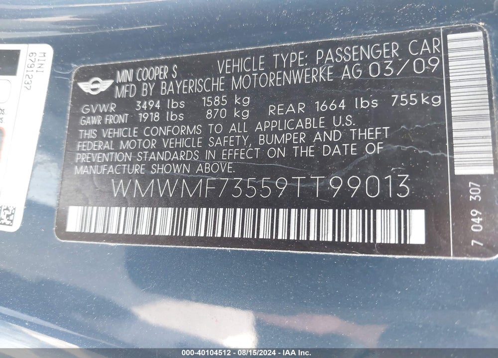 2009 MINI COOPER S VIN: WMWMF73559TT99013