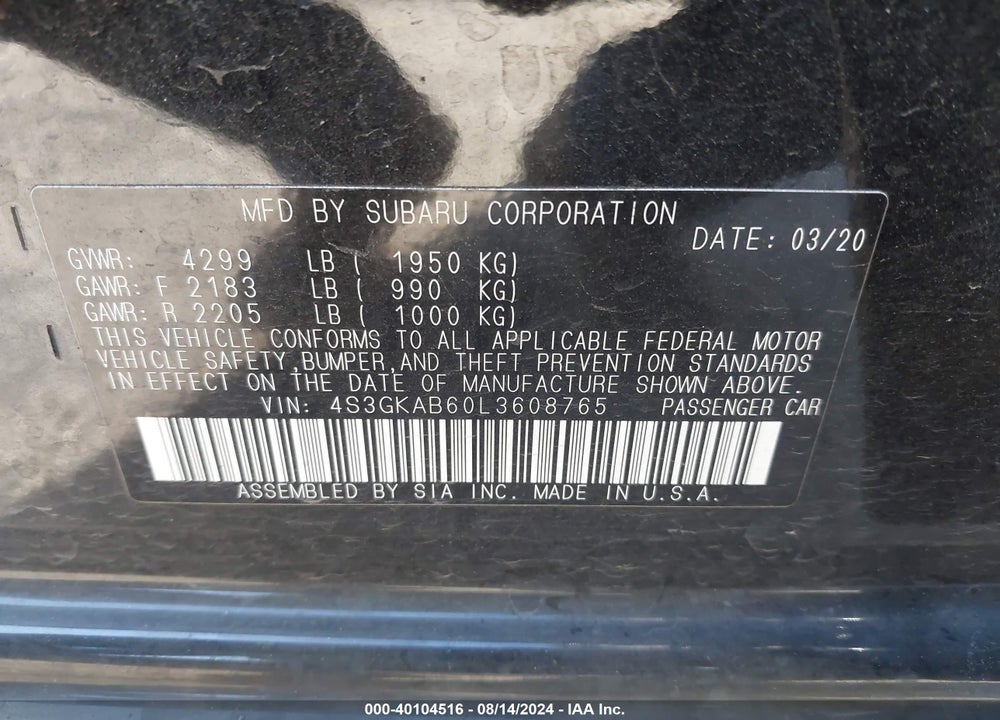 2020 SUBARU IMPREZA VIN: 4S3GKAB60L3608765