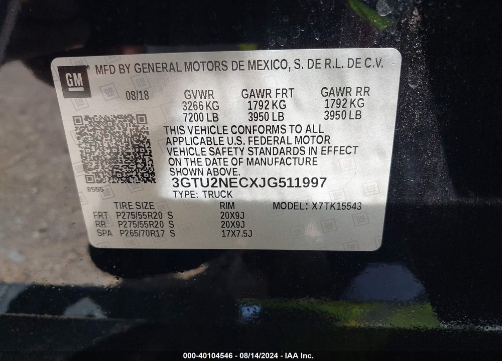 2018 GMC SIERRA 1500 SLT VIN: 3GTU2NECXJG511997
