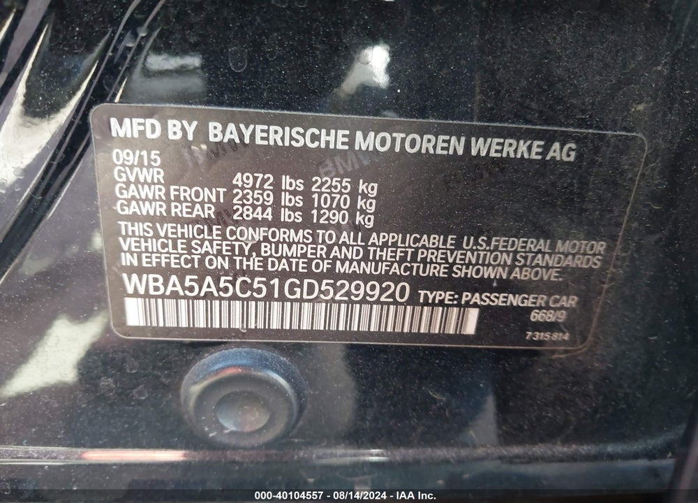 2016 BMW 528I VIN: WBA5A5C51GD529920