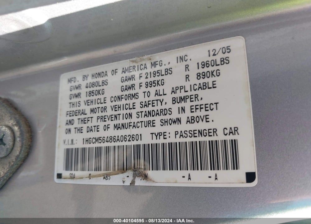 2006 HONDA ACCORD 2.4 LX VIN: 1HGCM56486A062601