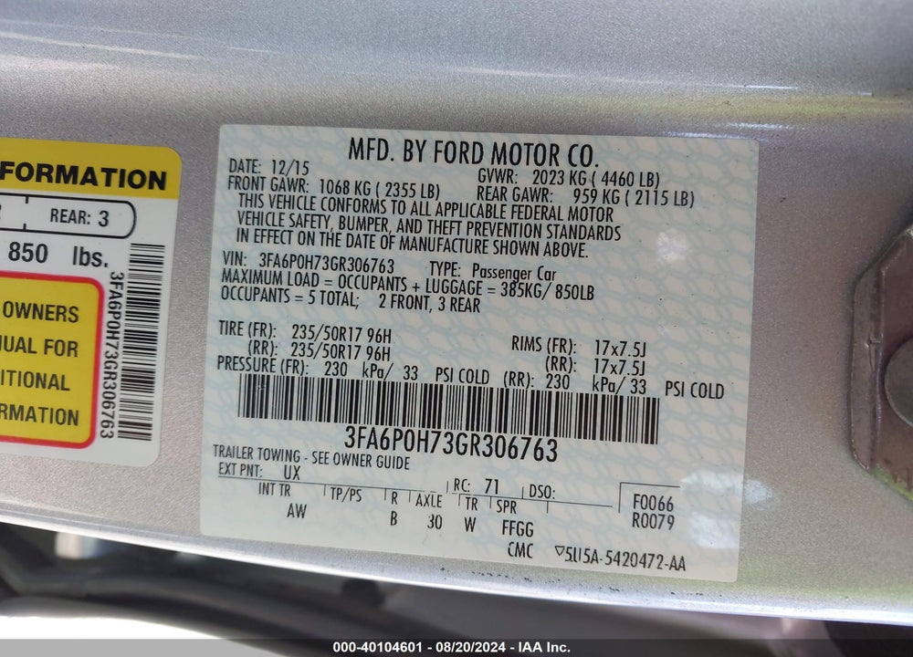 2016 FORD FUSION SE VIN: 3FA6P0H73GR306763
