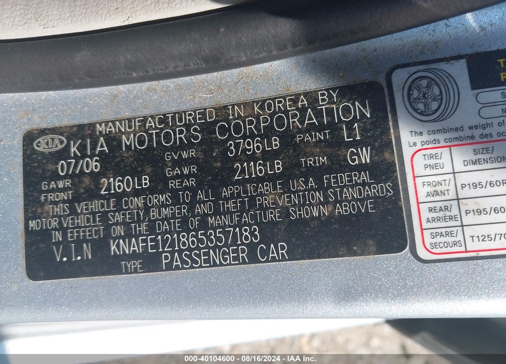 2006 KIA SPECTRA EX/LX/SX VIN: KNAFE121865357183