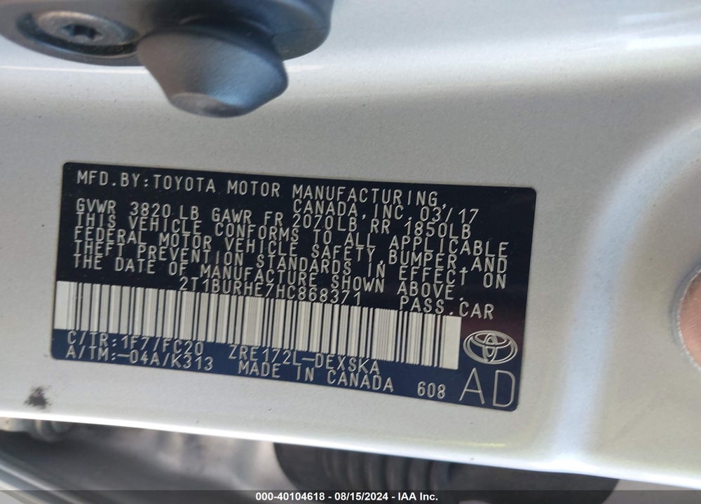 2017 TOYOTA COROLLA VIN: 2T1BURHE7HC868371