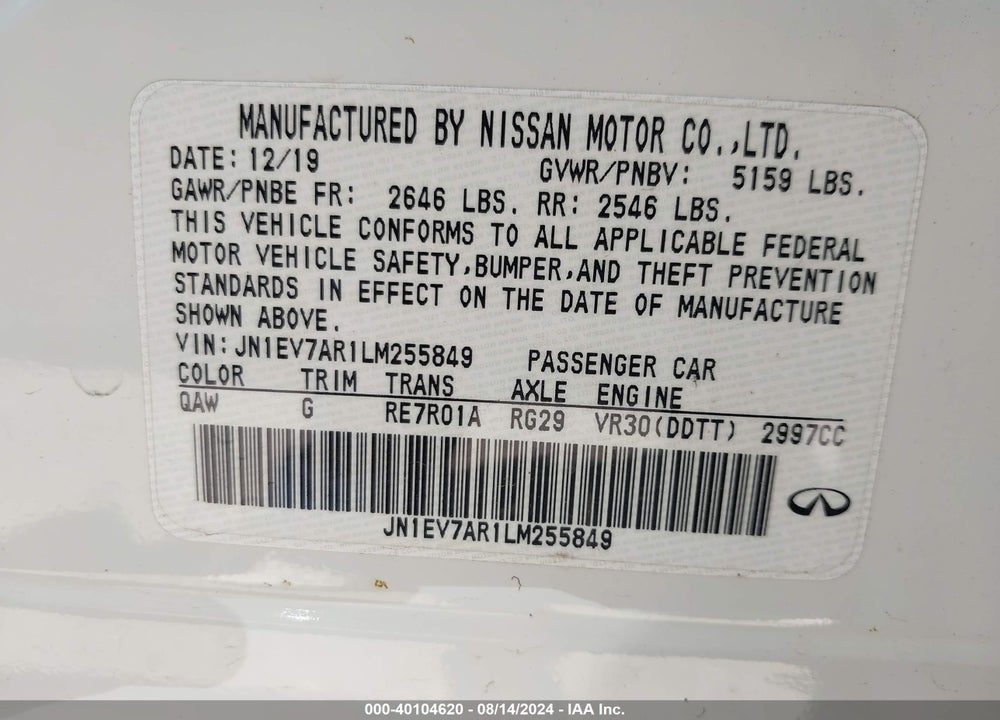2020 INFINITI Q50 LUXE AWD VIN: JN1EV7AR1LM255849