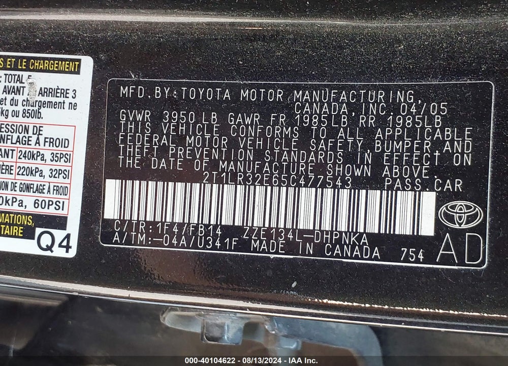 2005 TOYOTA MATRIX/XR VIN: 2T1LR32E65C477543