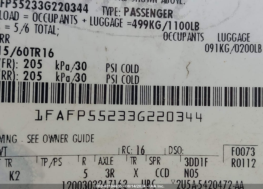 2003 FORD TAURUS SES VIN: 1FAFP55233G220344
