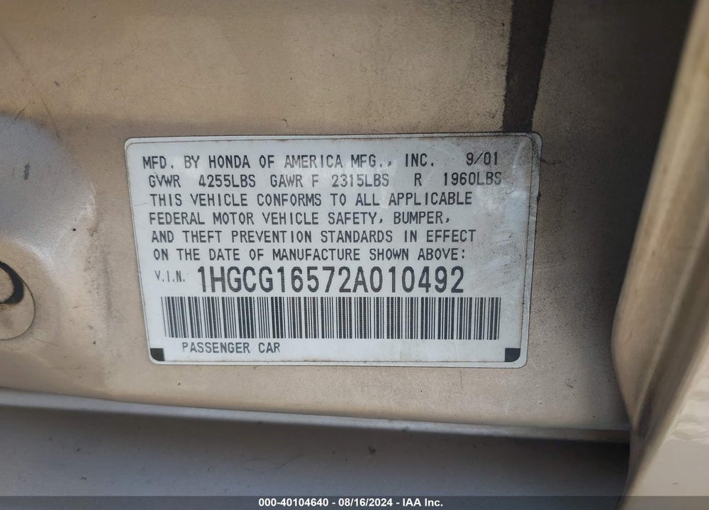 2002 HONDA ACCORD 3.0 EX VIN: 1HGCG16572A010492