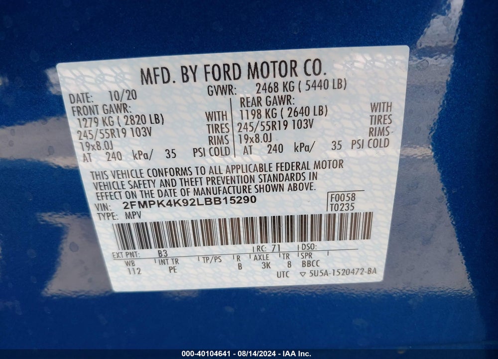 2020 FORD EDGE VIN: 2FMPK4K92LBB15290