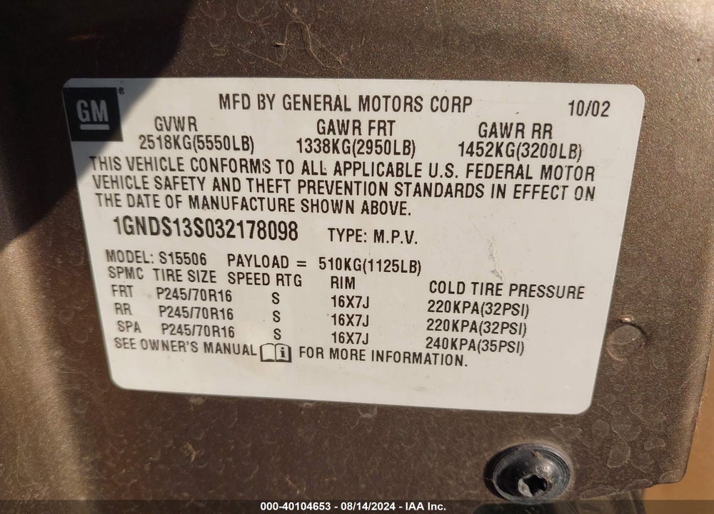 2003 CHEVROLET TRAILBLAZER LS VIN: 1GNDS13S032178098