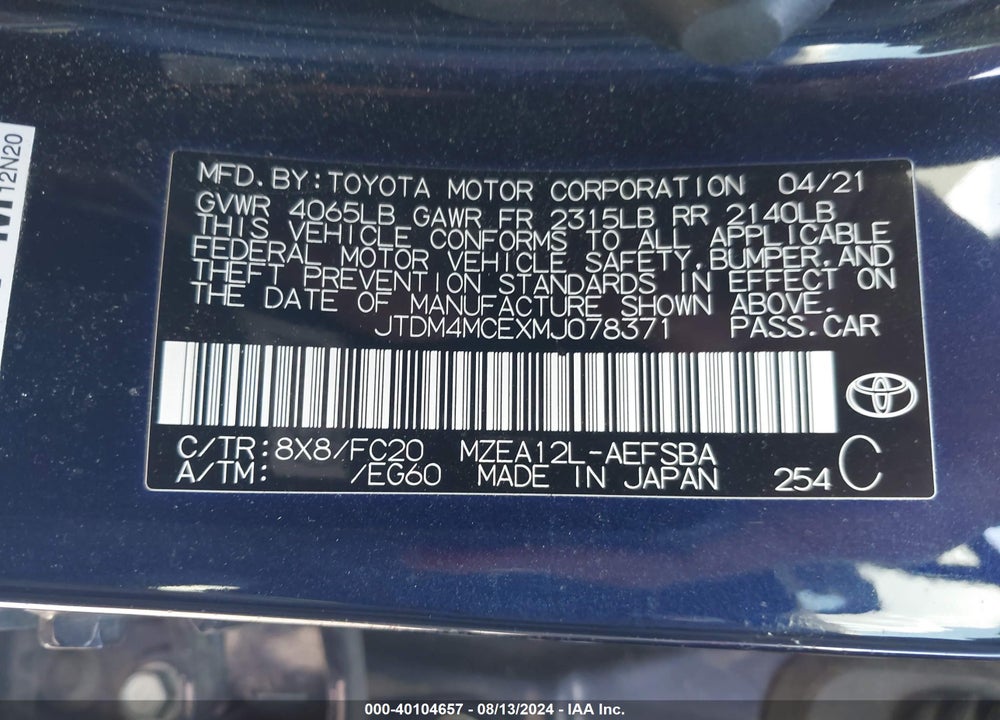 2021 TOYOTA COROLLA SE 6MT VIN: JTDM4MCEXMJ078371
