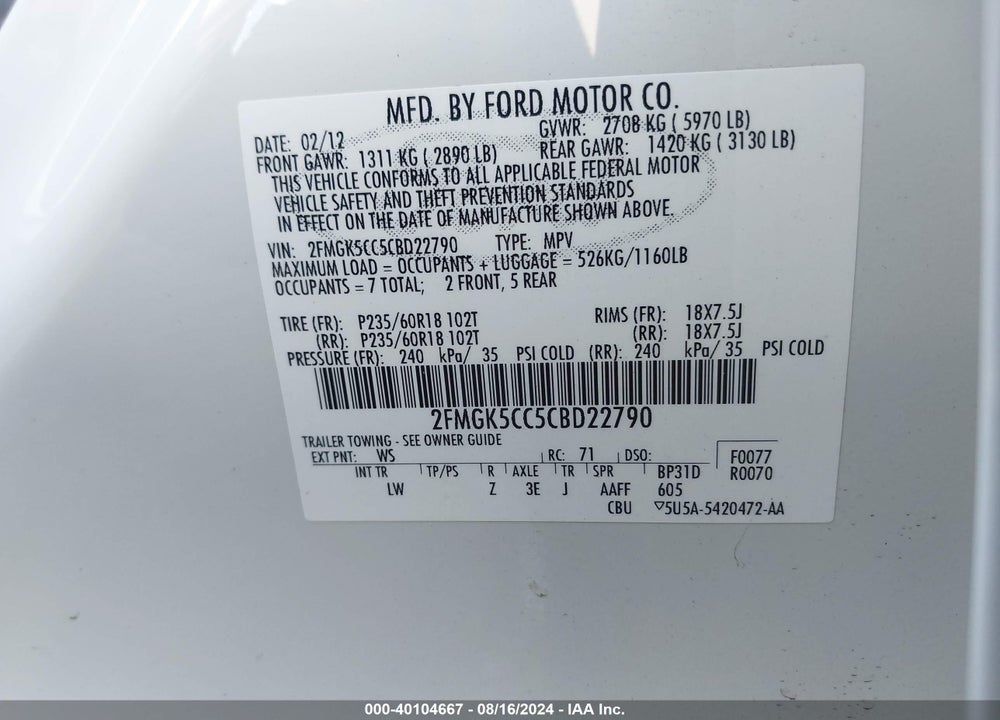 2012 FORD FLEX SEL VIN: 2FMGK5CC5CBD22790
