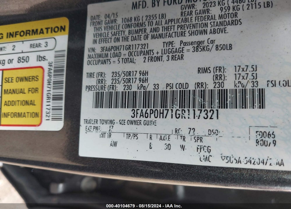 2016 FORD FUSION SE VIN: 3FA6P0H71GR117321