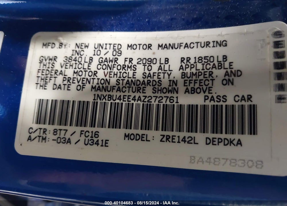 2010 TOYOTA COROLLA LE VIN: 1NXBU4EE4AZ272761